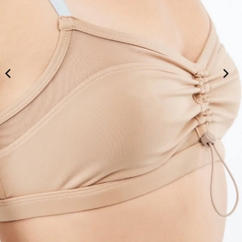 Fabletics Makayla Bra Low Impact Cinch Front Tan With Blue Straps Size L NWT